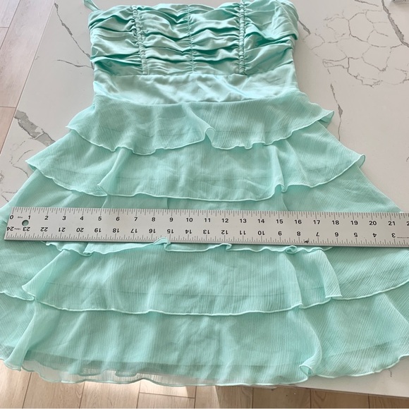 Mint Green Satin Layered Ruffle Chiffon Strapless Party Mini Dress - Picture 11 of 14
